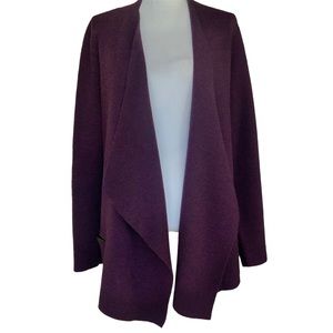 Eileen Fisher Women’s Sweater Cardigan Large Purple Open Front Leather Trim